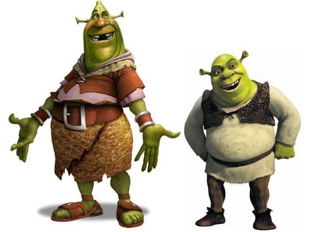 The original design version of Shrek alongside the current