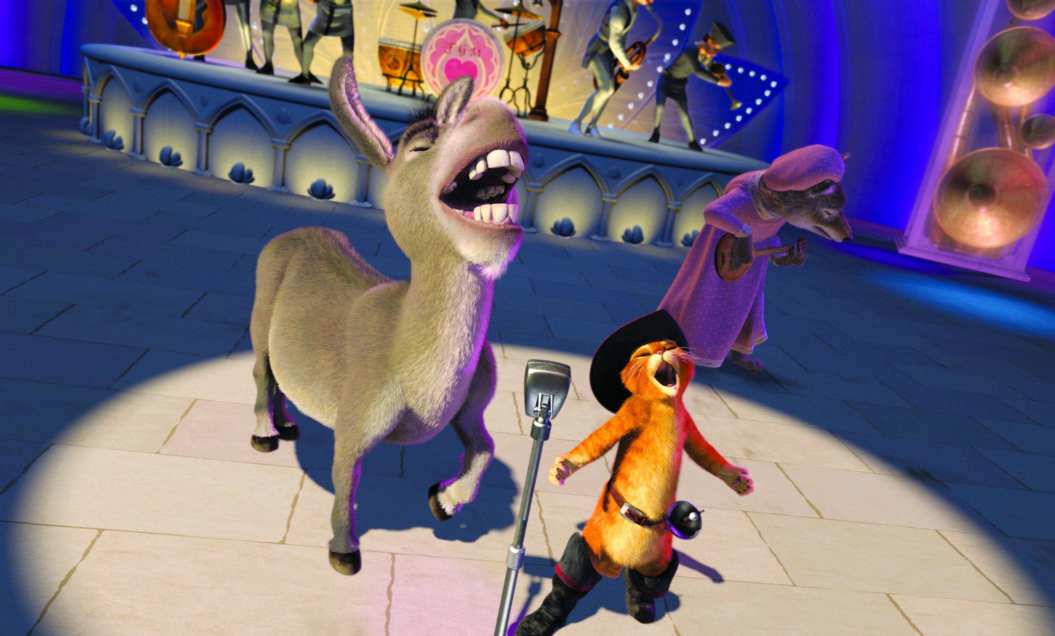 Donkey and Puss in Boots from Shrek, singing into a microphone